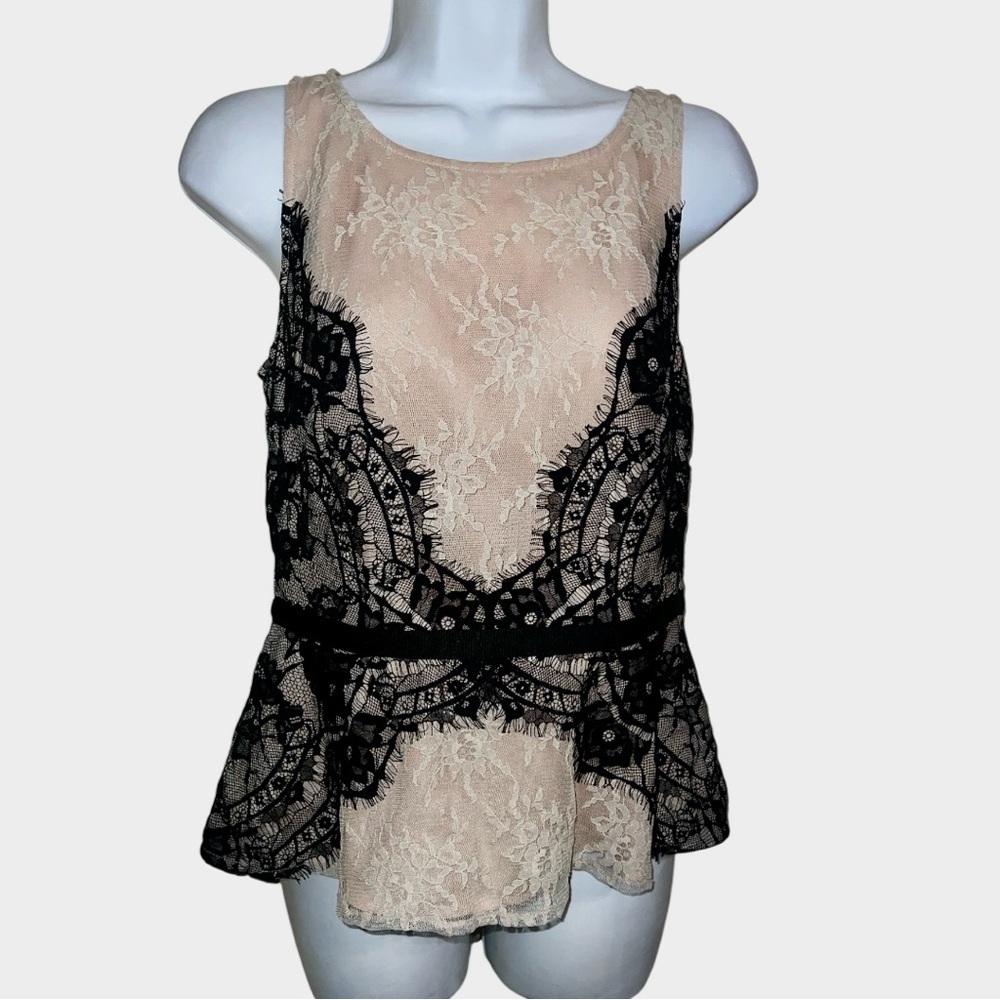 LOFT Beige Lace Peplum Top with Black Lace Overlay